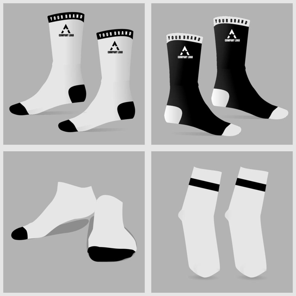 schwarz weiße Socken Vektor leere isolierte Füße tragen Mockup für Markenidentität oder Produktdesign-Vorlage.