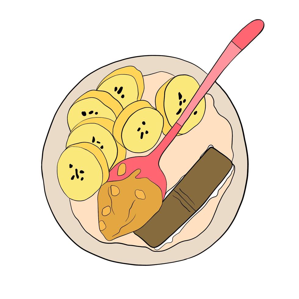 Schüssel Haferbrei mit Bananen, Schokolade und Erdnussbutter. Abbildung zum gesunden Frühstück vektor