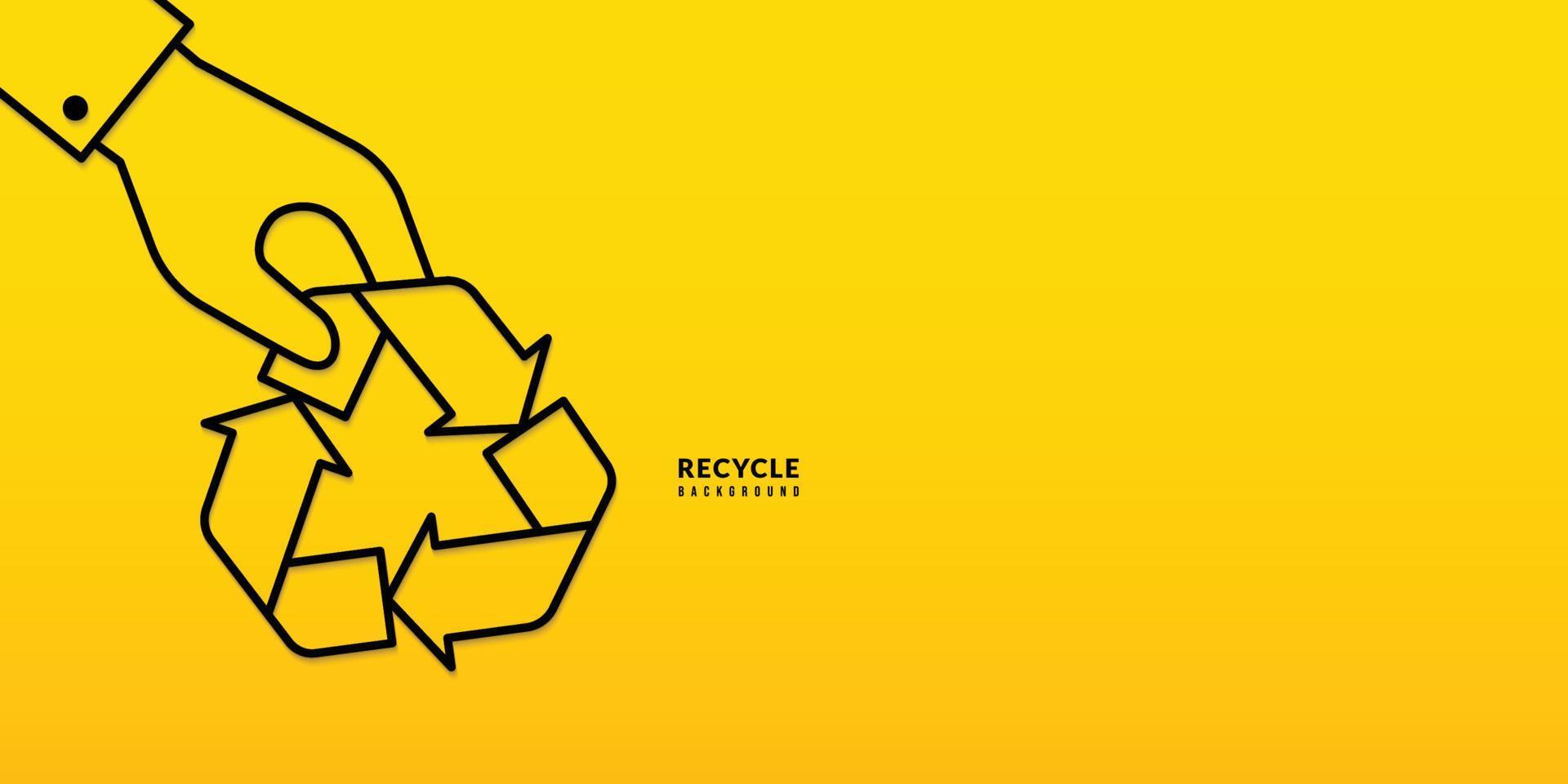 Hand, die das Recycling-Symbol mit dünner Linie auf gelbem Hintergrund hält, den Planeten und das Energiekonzept rettet vektor