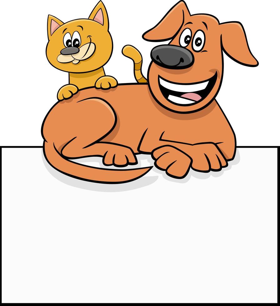 karikaturhund und -katze mit grafikdesign der leeren karte oder des brettes vektor