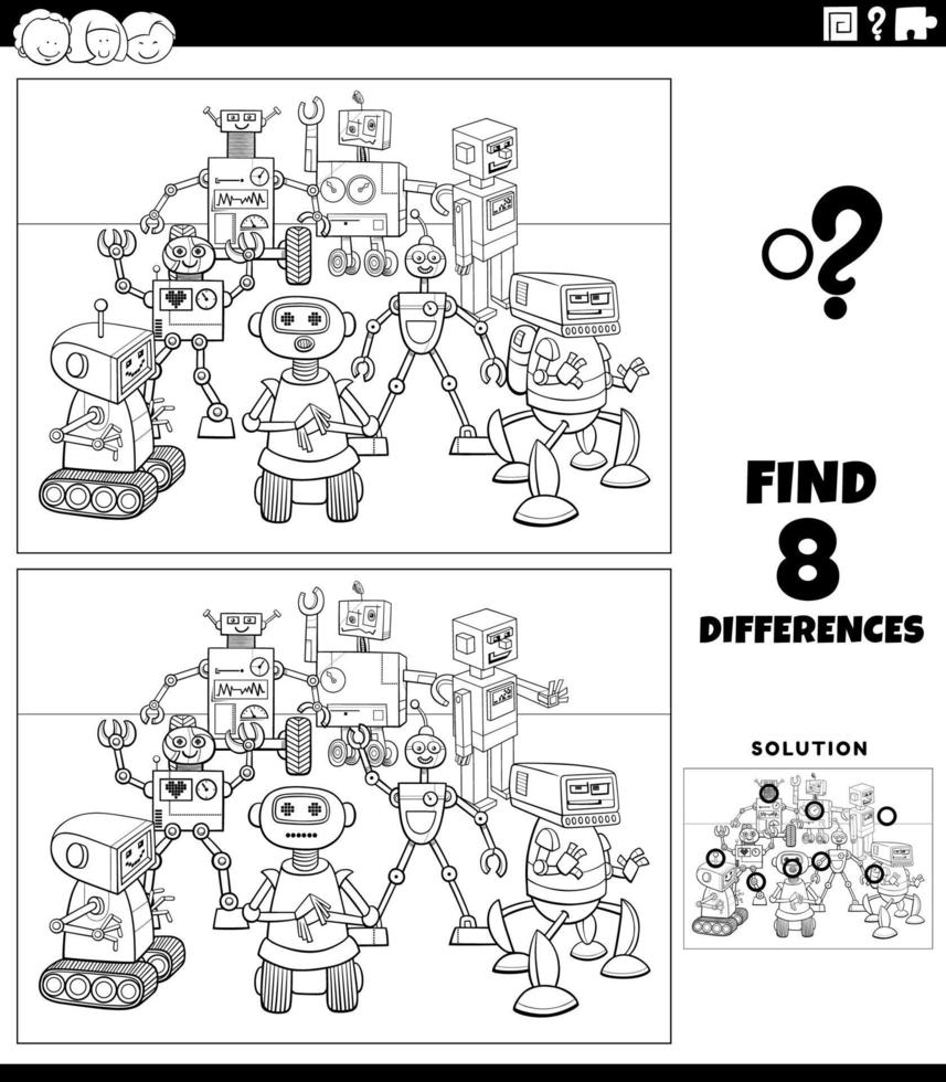 skillnader spel med två tecknade robotar målarbok sida vektor