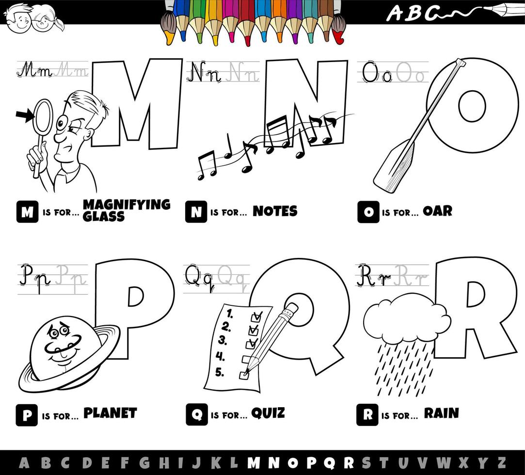 pädagogisches alphabet buchstaben cartoon set von m bis r malbuchseite vektor