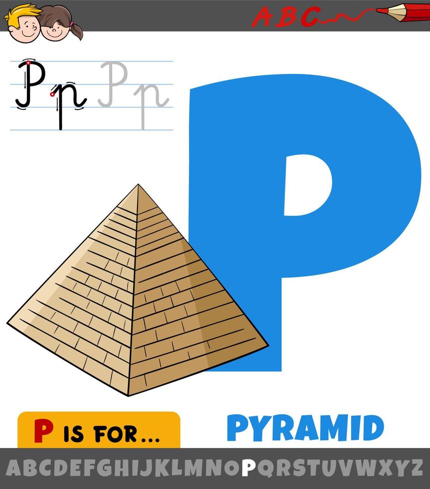 buchstabe p aus alphabet mit ägyptischer pyramide der karikatur vektor