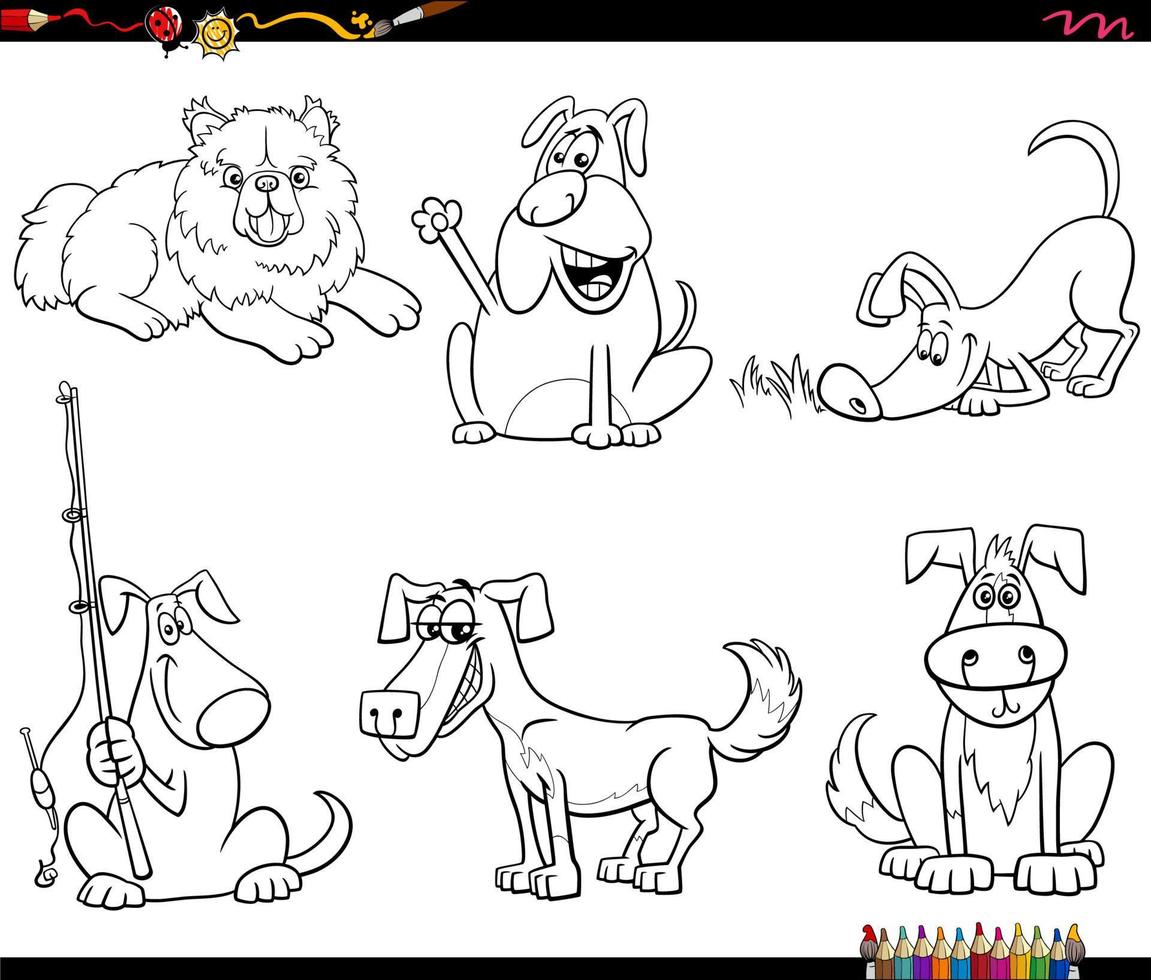 Cartoon Hunde Tierfiguren Set Malbuch Seite vektor