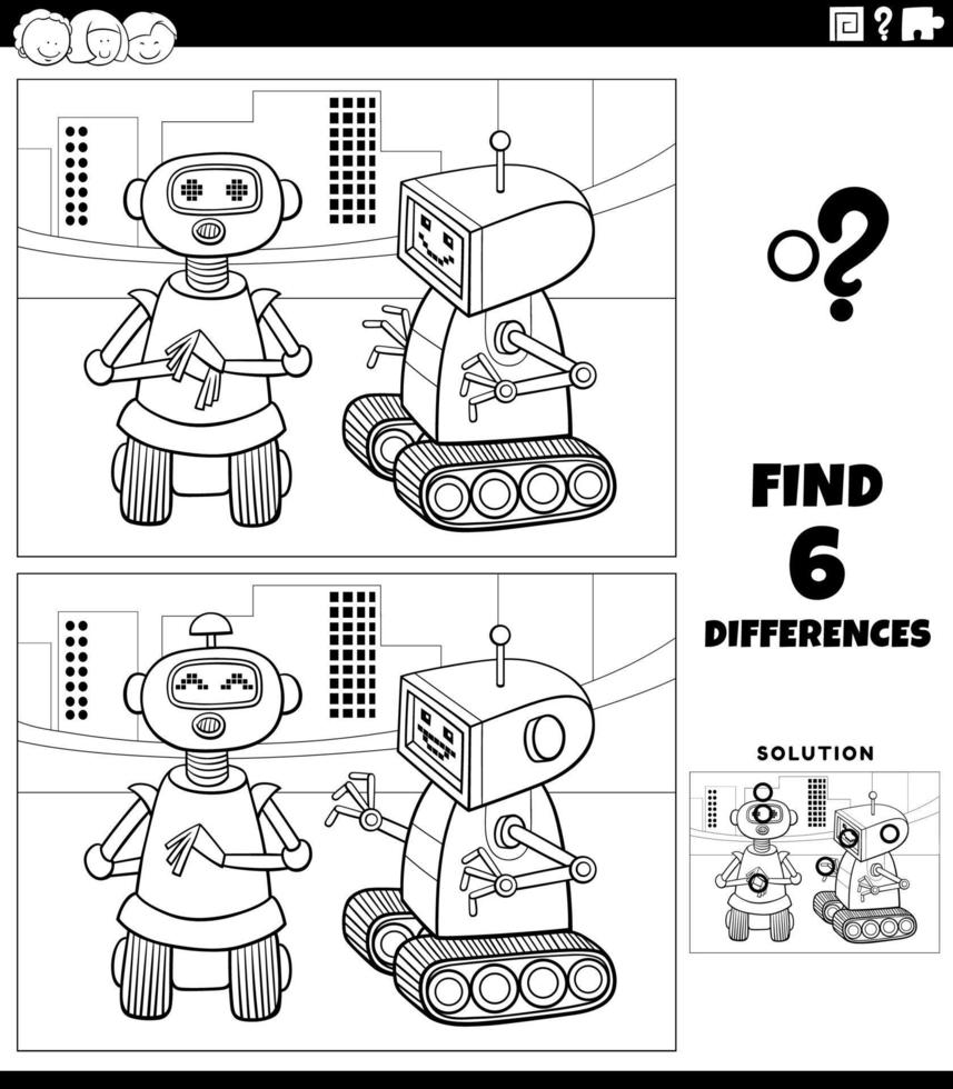 skillnader spel med två tecknade robotar målarbok sida vektor