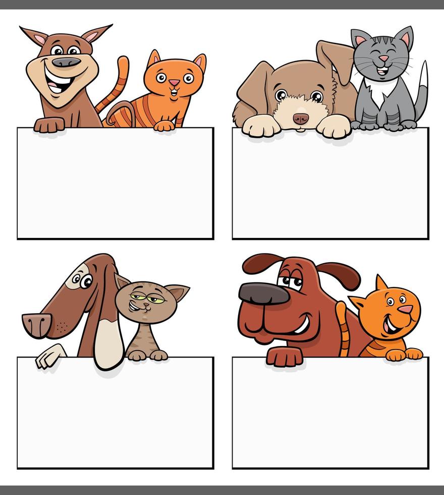 tecknade katter och hundar med tomma kort designuppsättning vektor