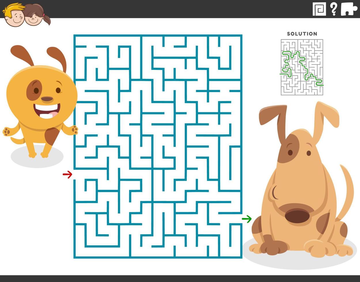 labyrinthspiel mit erwachsenem hund und welpen der karikatur vektor