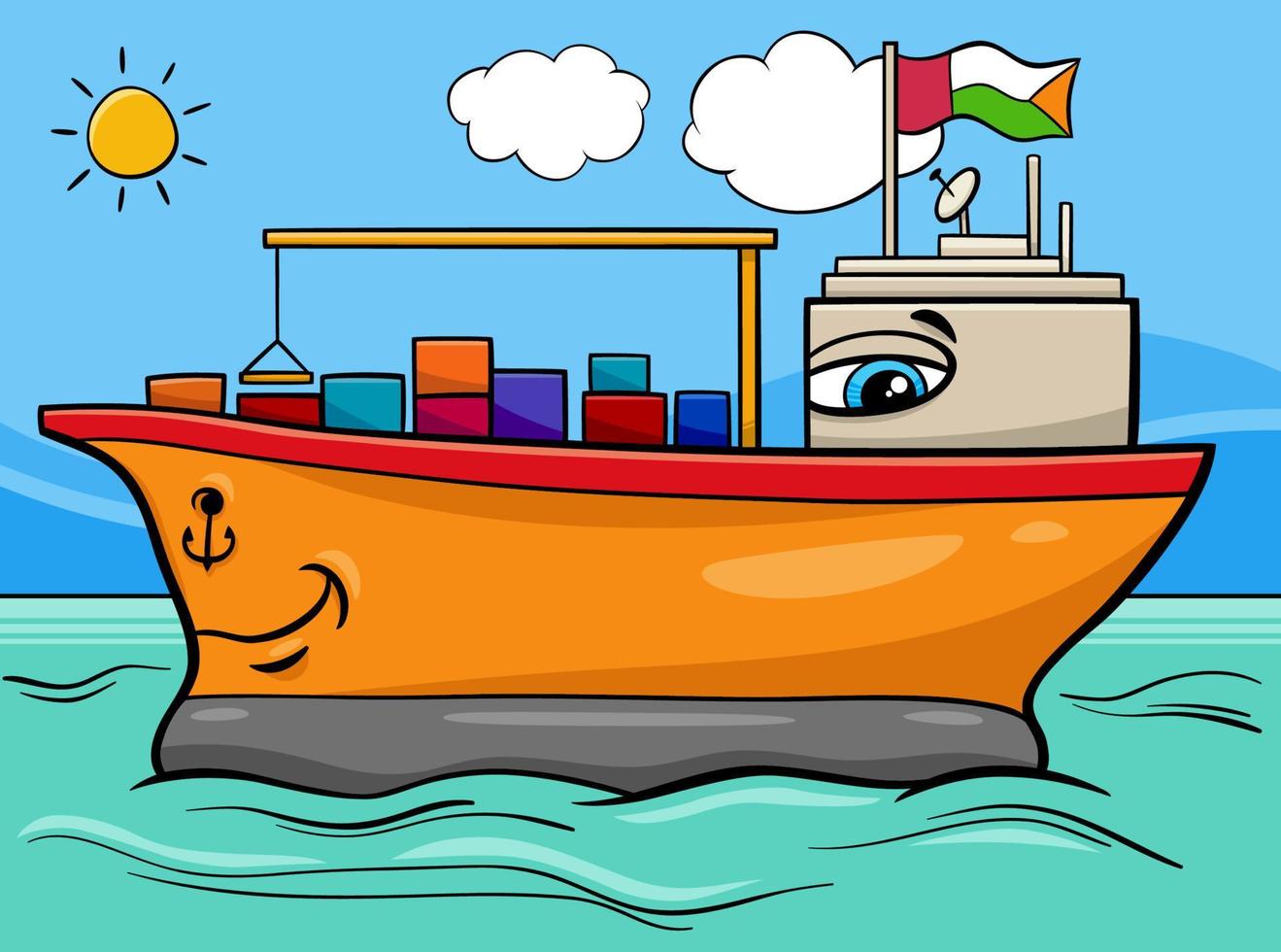 Zeichentrickfigur Containerschiff auf dem Meer vektor