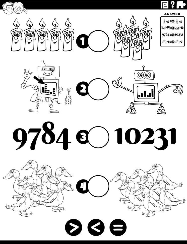 Malbuchseite für größere oder gleiche mathematische Aufgaben vektor