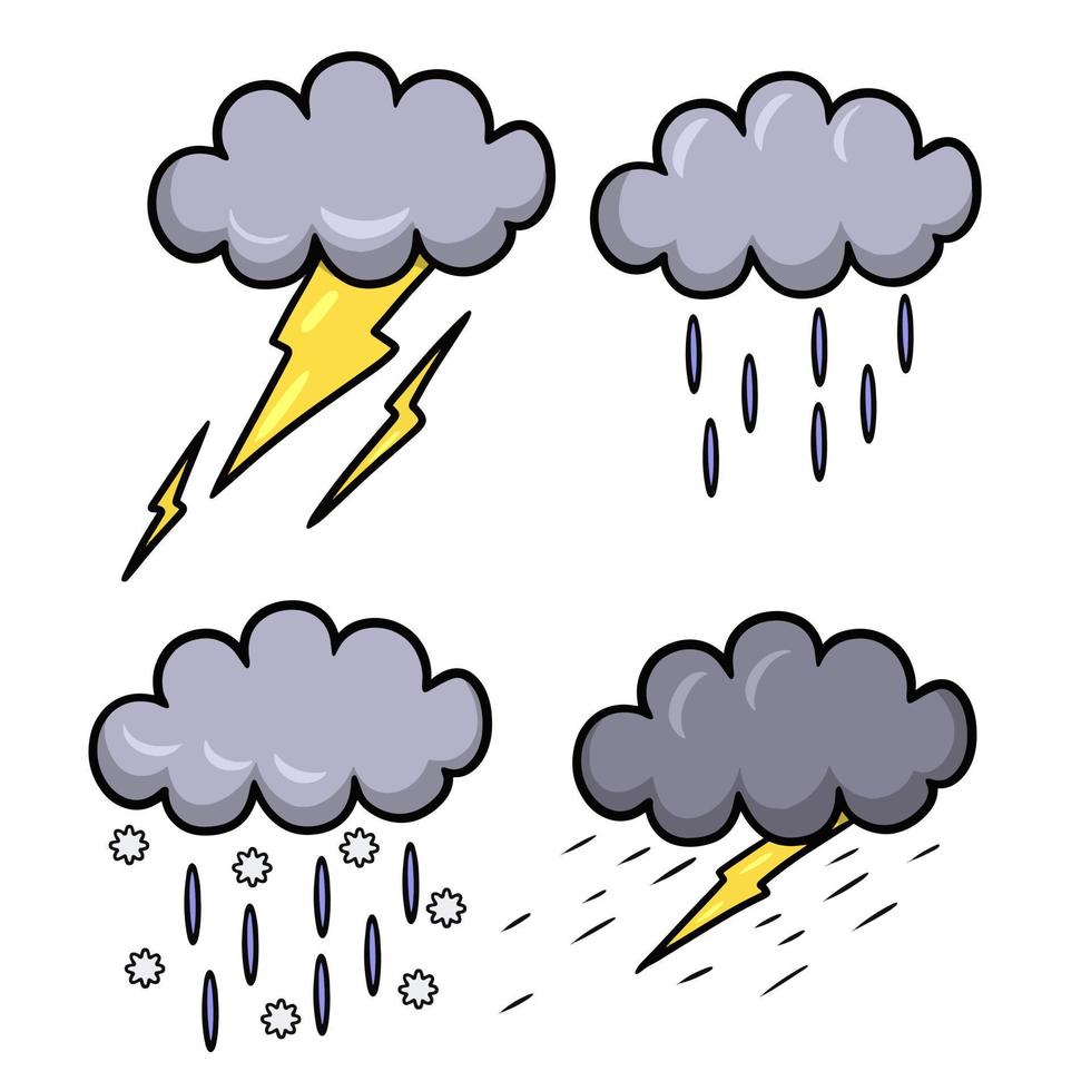 sammlung von vektorillustrationen verschiedener wetterbedingungen mit wolken, einer wolke mit blitz und einem gewitter, regen und schnee kommend, illustrationen auf weißem hintergrund vektor