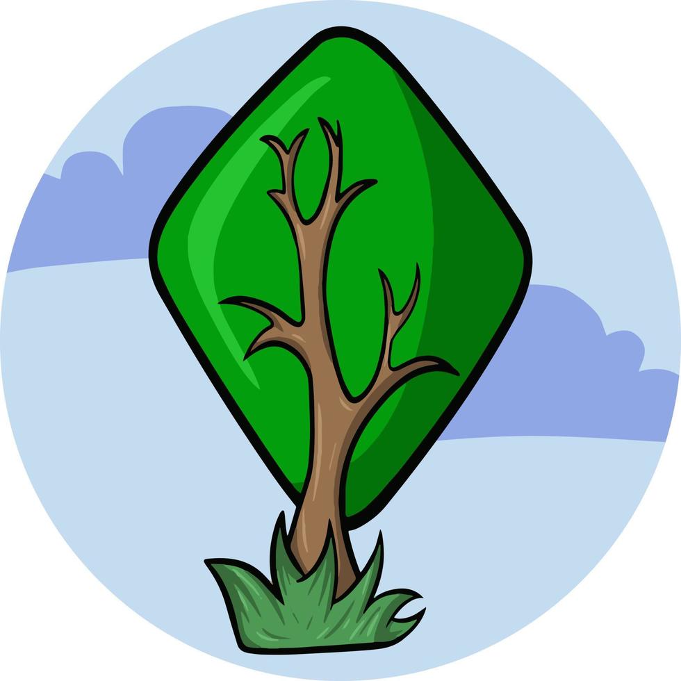 Rautenförmiger Cartoon-Baum mit einer schönen Krone, niedlicher Cartoon-Baum für Dekoration und Design, Vektorillustration auf einem runden blauen Hintergrund vektor