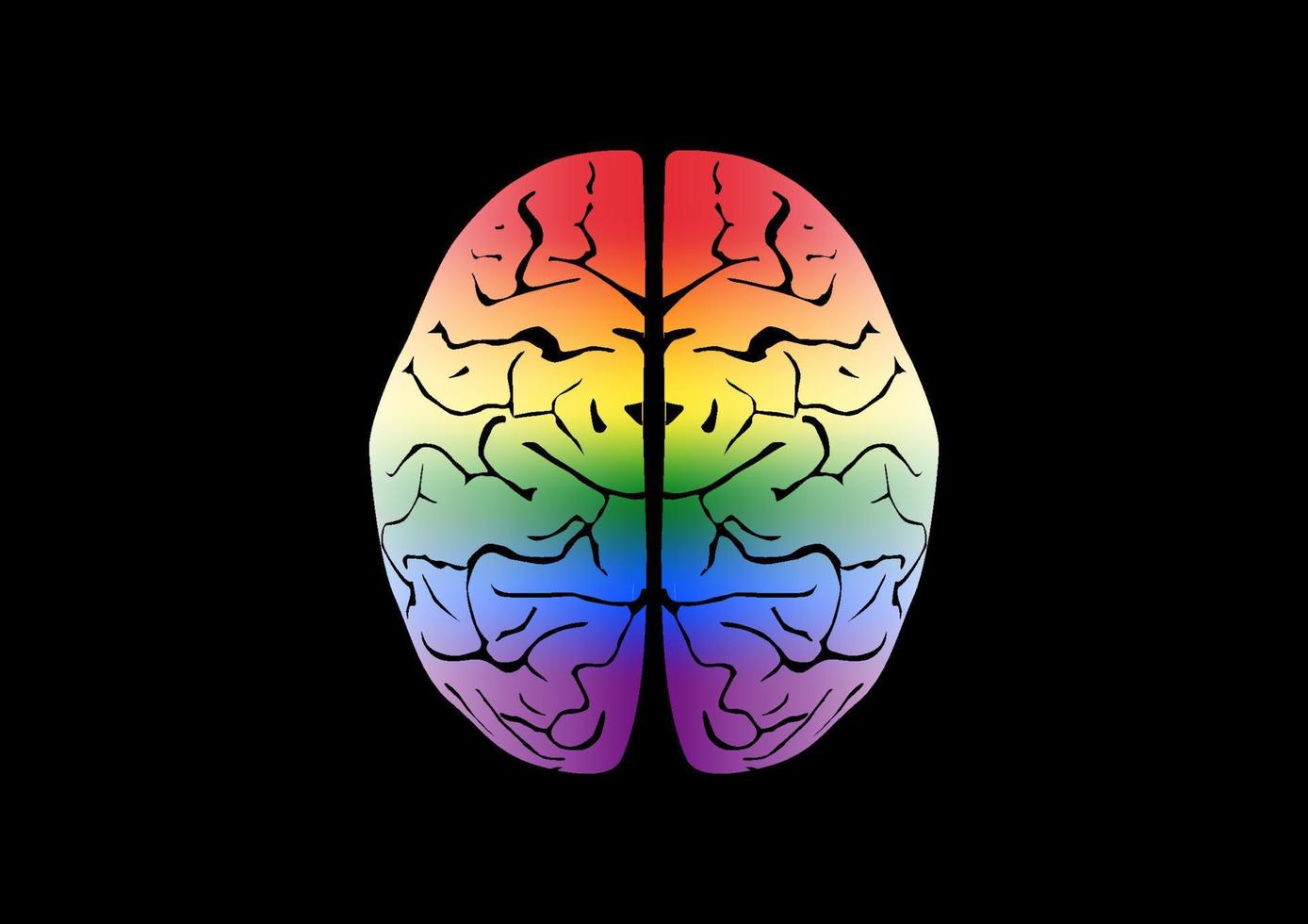 menschliches Gehirn mit Regenbogenfarben auf schwarzem Hintergrund. vektor