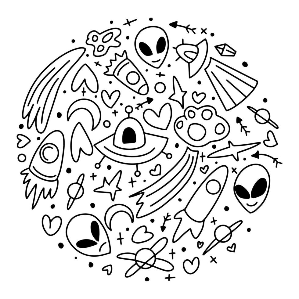 Weltraum-Skizzen-Doodle-Set. Platz. kritzeln sie ufo-elemente auf einem isolierten hintergrund. vektor