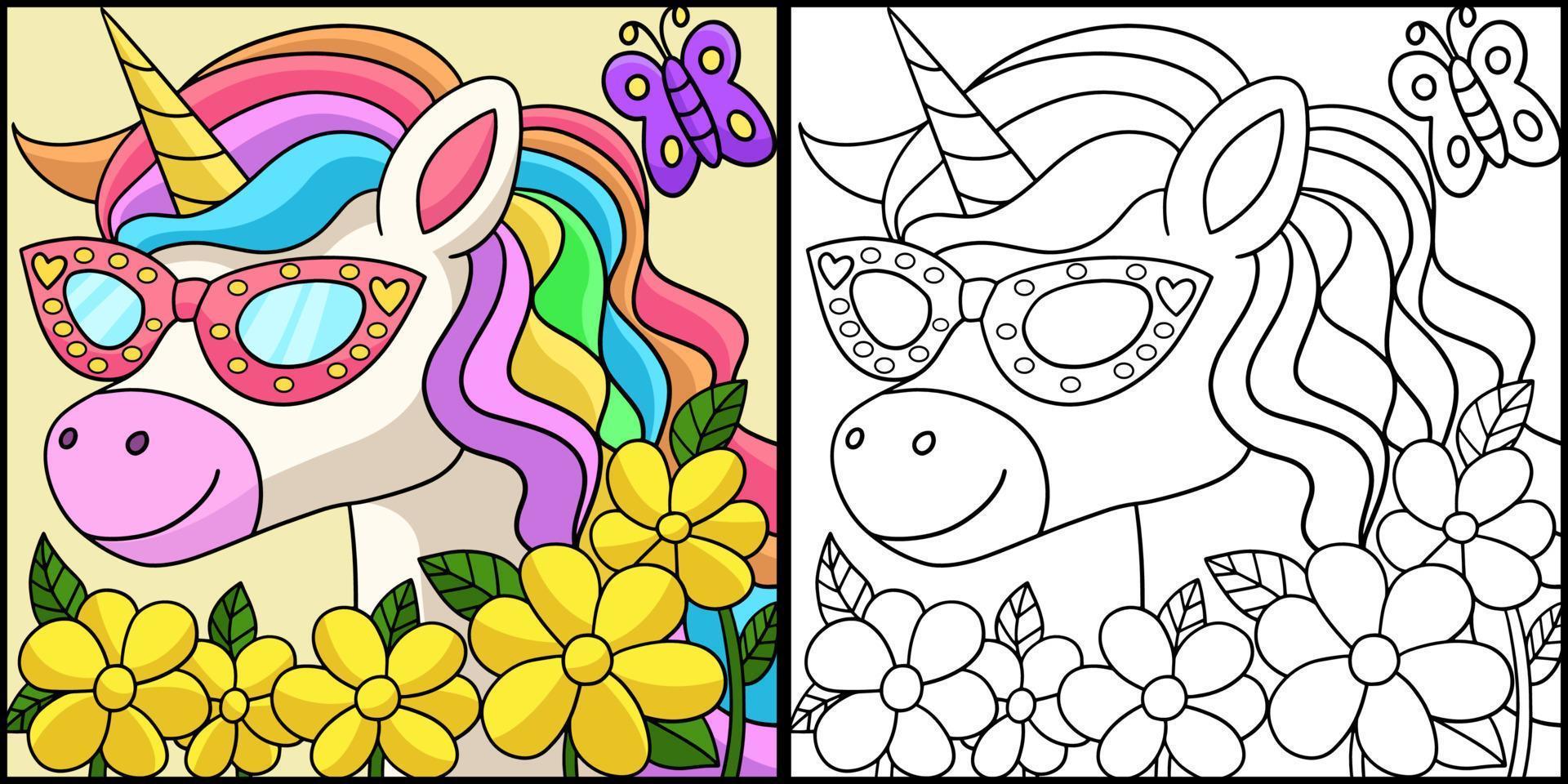 einhorn mit sonnenbrille zum ausmalen von illustrationen vektor