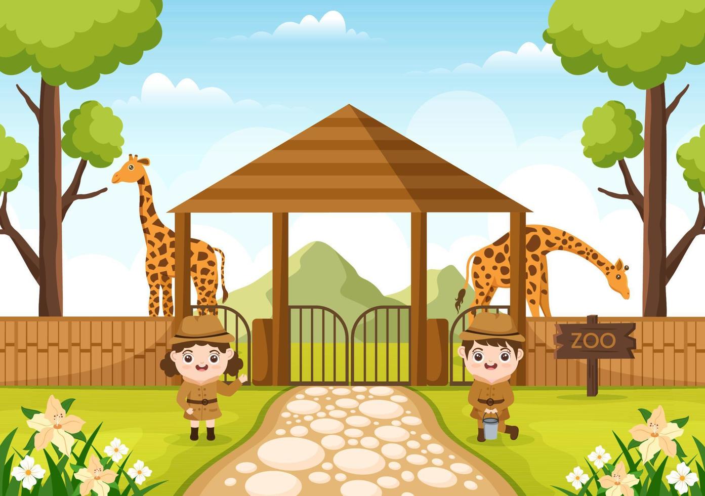 zoo tecknad illustration med safari djur giraff, bur och besökare på territorium på skog bakgrundsdesign vektor