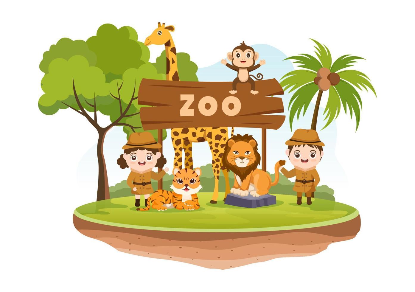 zoo tecknad illustration med safaridjur elefant, giraff, lejon, apa, panda, zebra och besökare på territorium på skogsbakgrund vektor