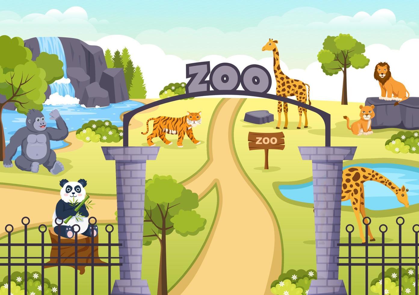 zoo tecknad illustration med safaridjur elefant, giraff, lejon, apa, panda, zebra och besökare på territorium på skogsbakgrund vektor