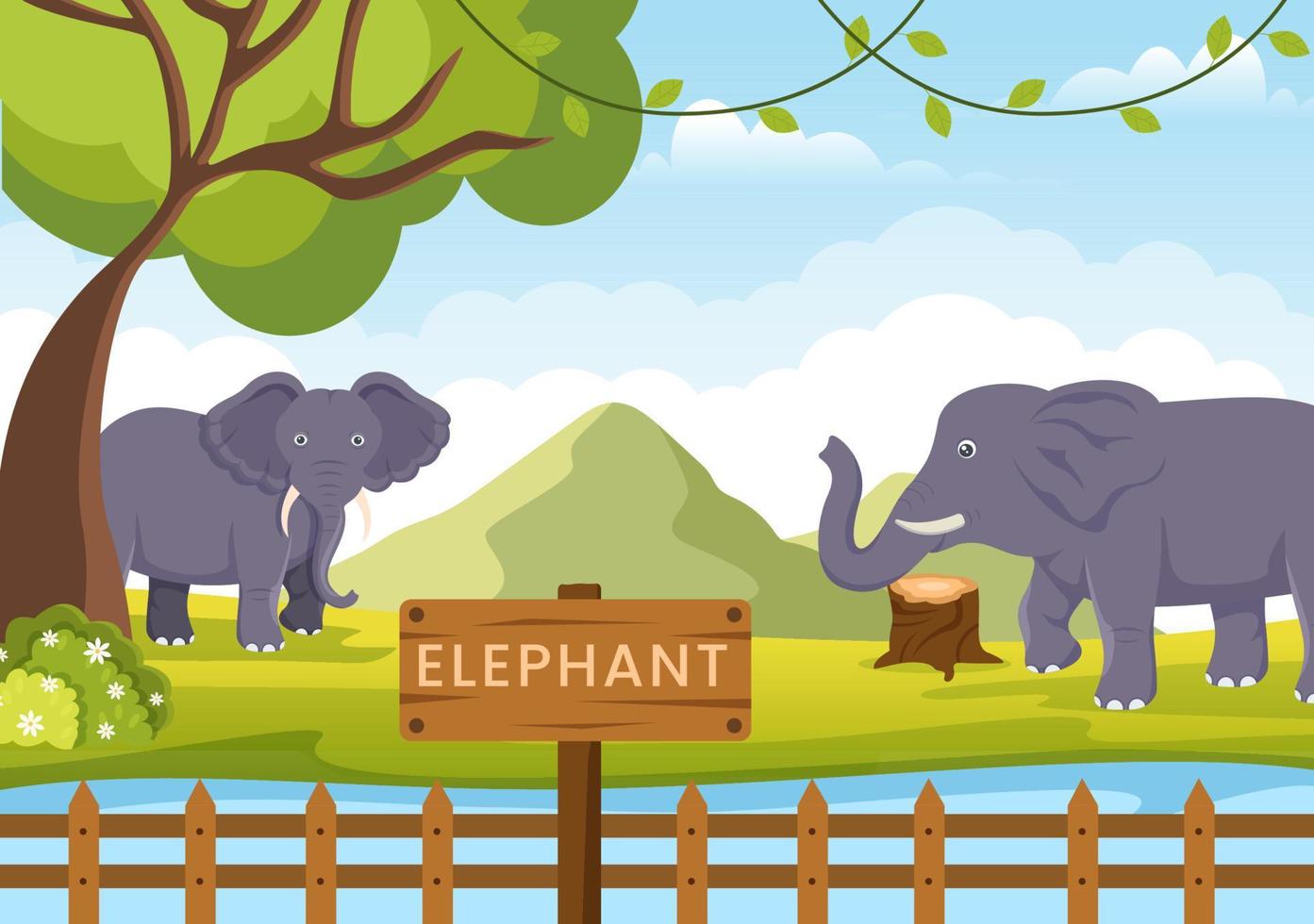 zoo tecknad illustration med safari djur elefant, bur och besökare på territorium på skog bakgrundsdesign vektor