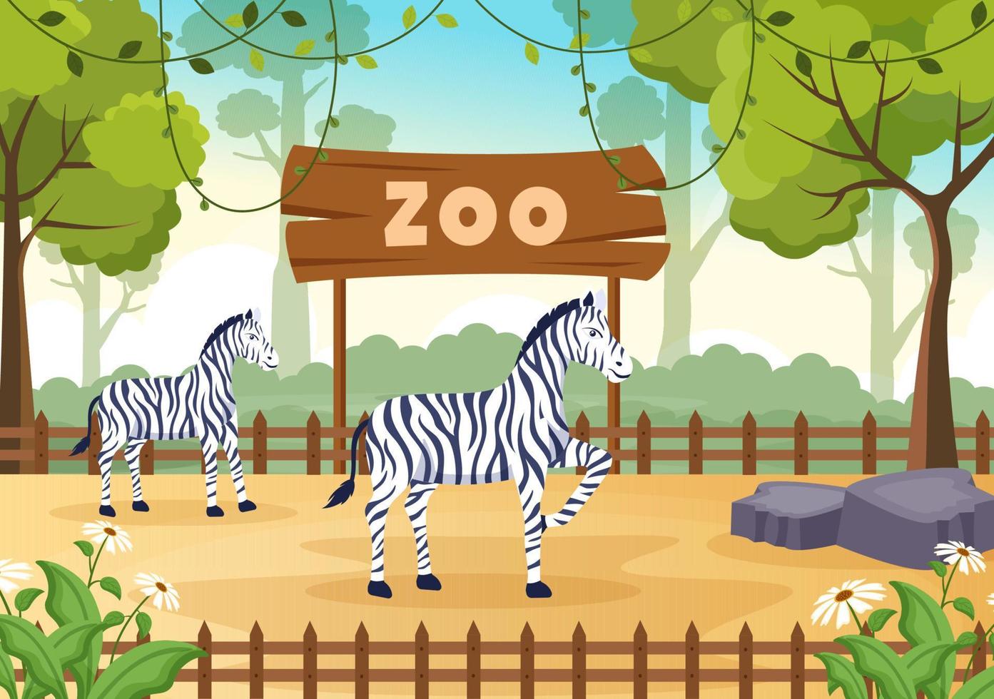zookarikaturillustration mit safaritieren zebra, käfig und besuchern auf territorium auf waldhintergrunddesign vektor