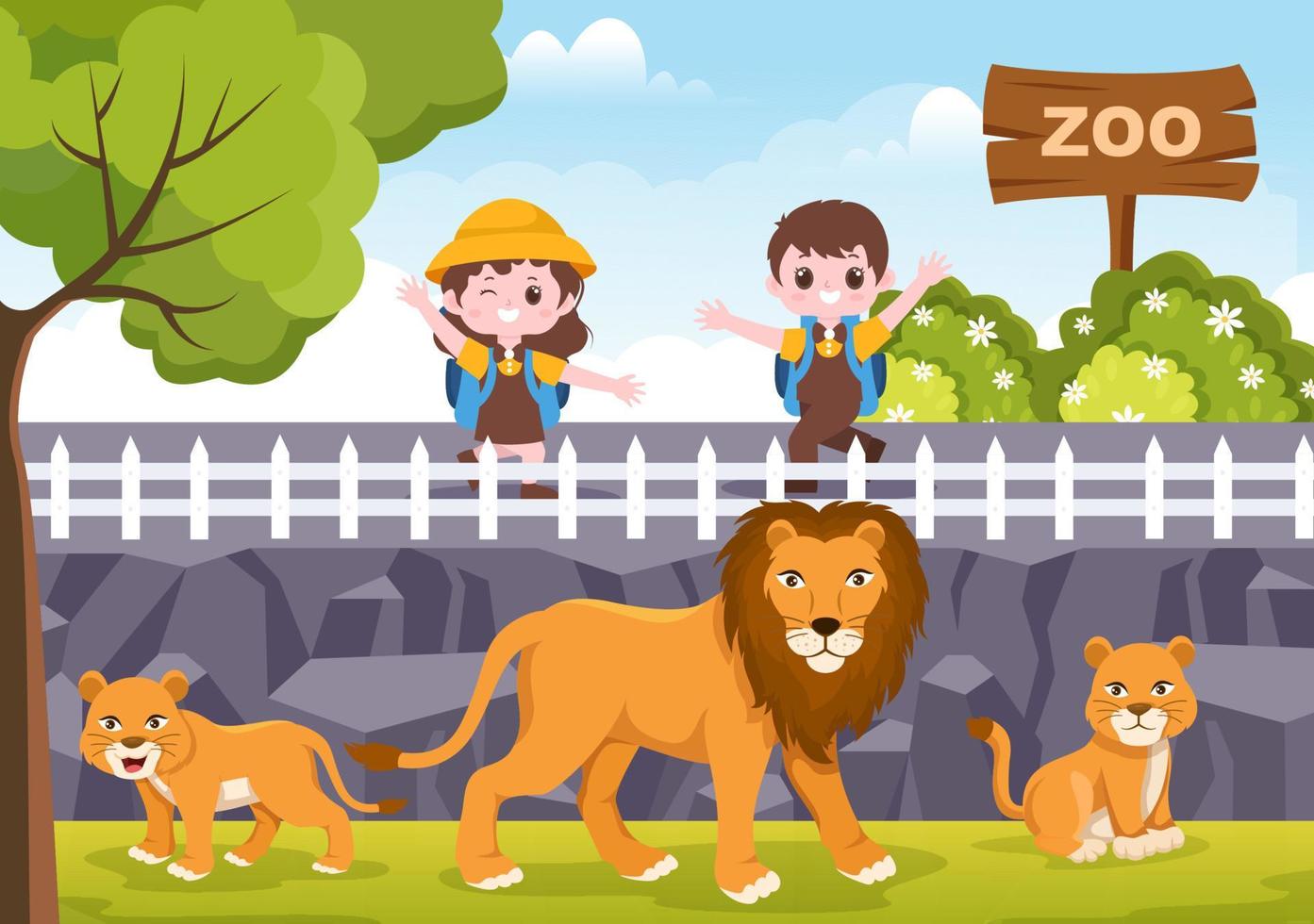 zookarikaturillustration mit safaritieren löwe, tiger, käfig und besuchern auf territorium auf waldhintergrunddesign vektor