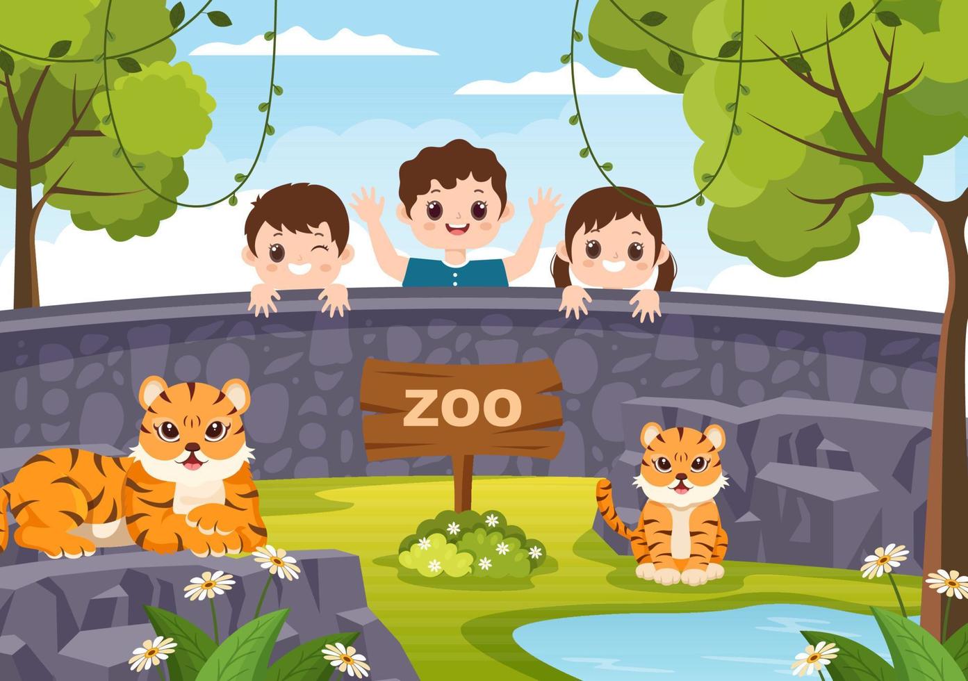 zoo tecknad illustration med safari djur lejon, tiger, bur och besökare på territorium på skog bakgrundsdesign vektor