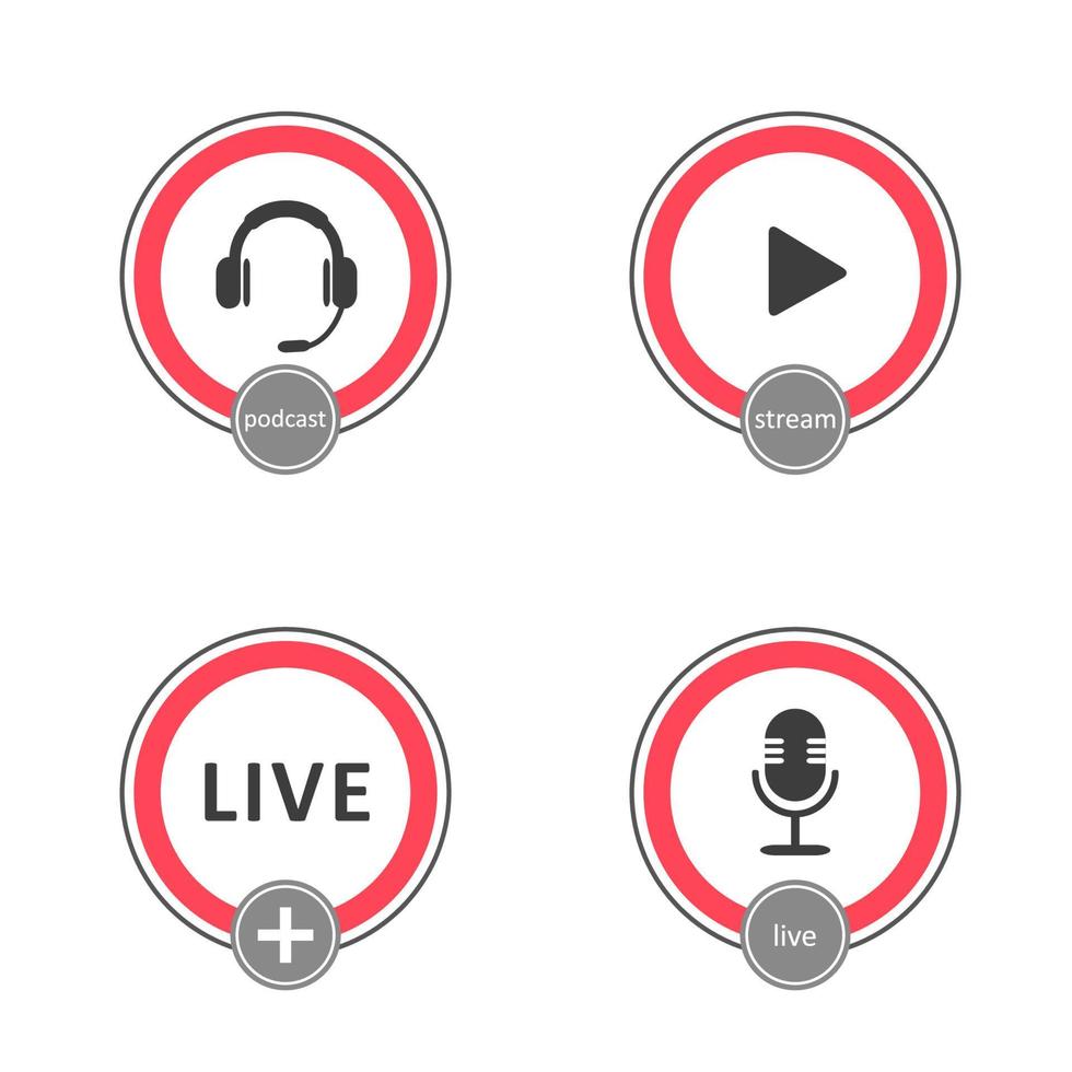 podcast logotyp set. symboler och knappar för livestreaming, sändning. vektor