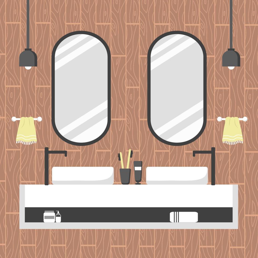 modern badrumsinredning i skandinavisk stil. mysigt rum med två ovala speglar och vita handfat. vektor