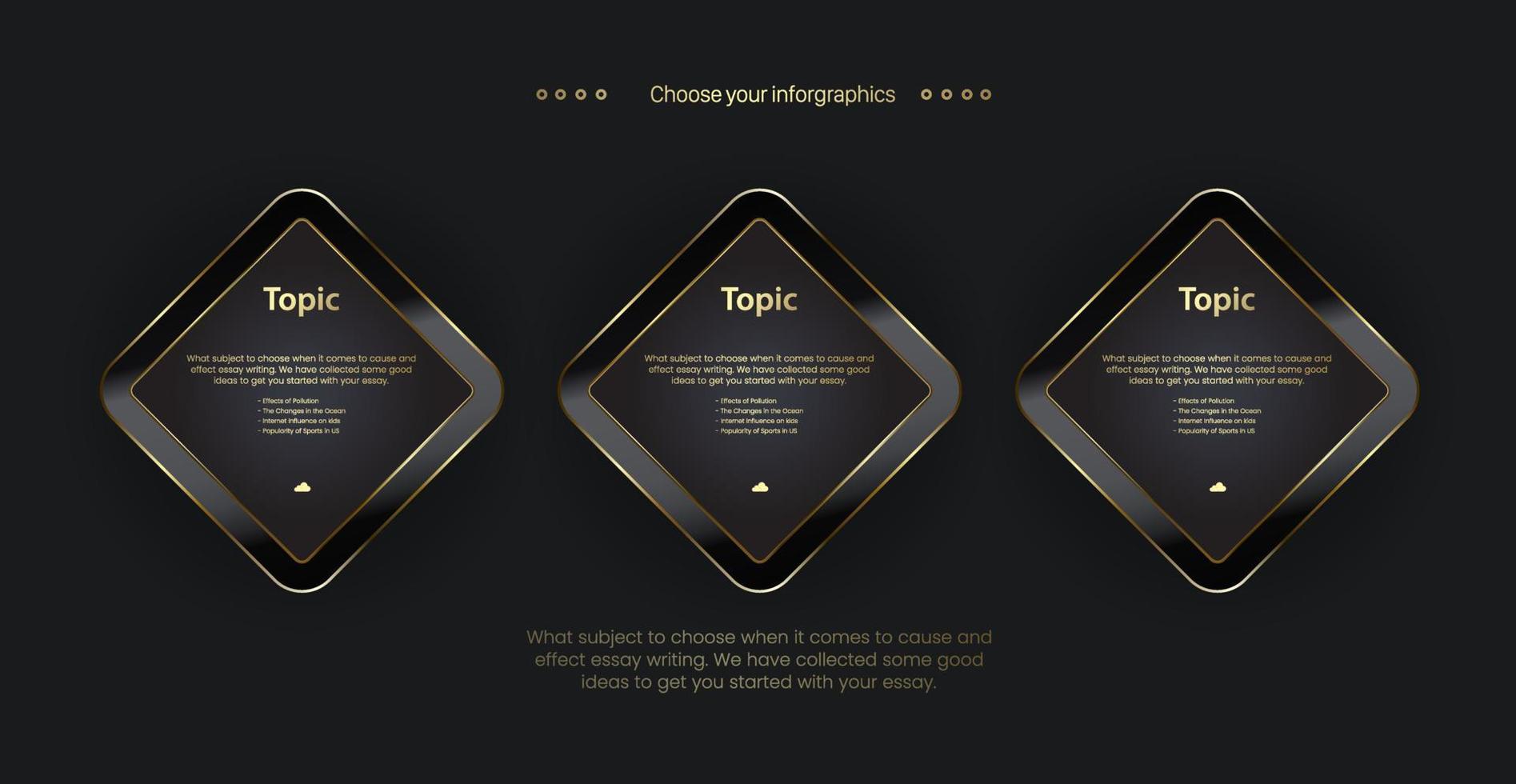 Design mit drei Vektoren aus goldenen Optionsschaltflächen, drei Diagrammelemente Ebenen Illustration für Geschäfts- und Finanzdesign