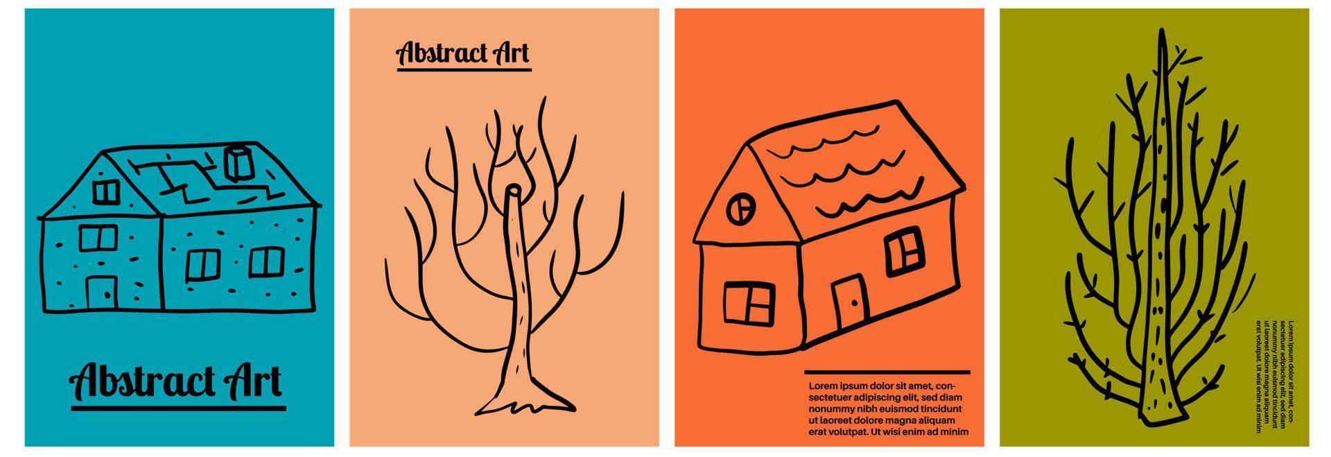 karikaturkarten mit gekritzelfreihandzeichnungen häusern und bäumen, gebäude isoliert auf bunten hintergründen. vektor