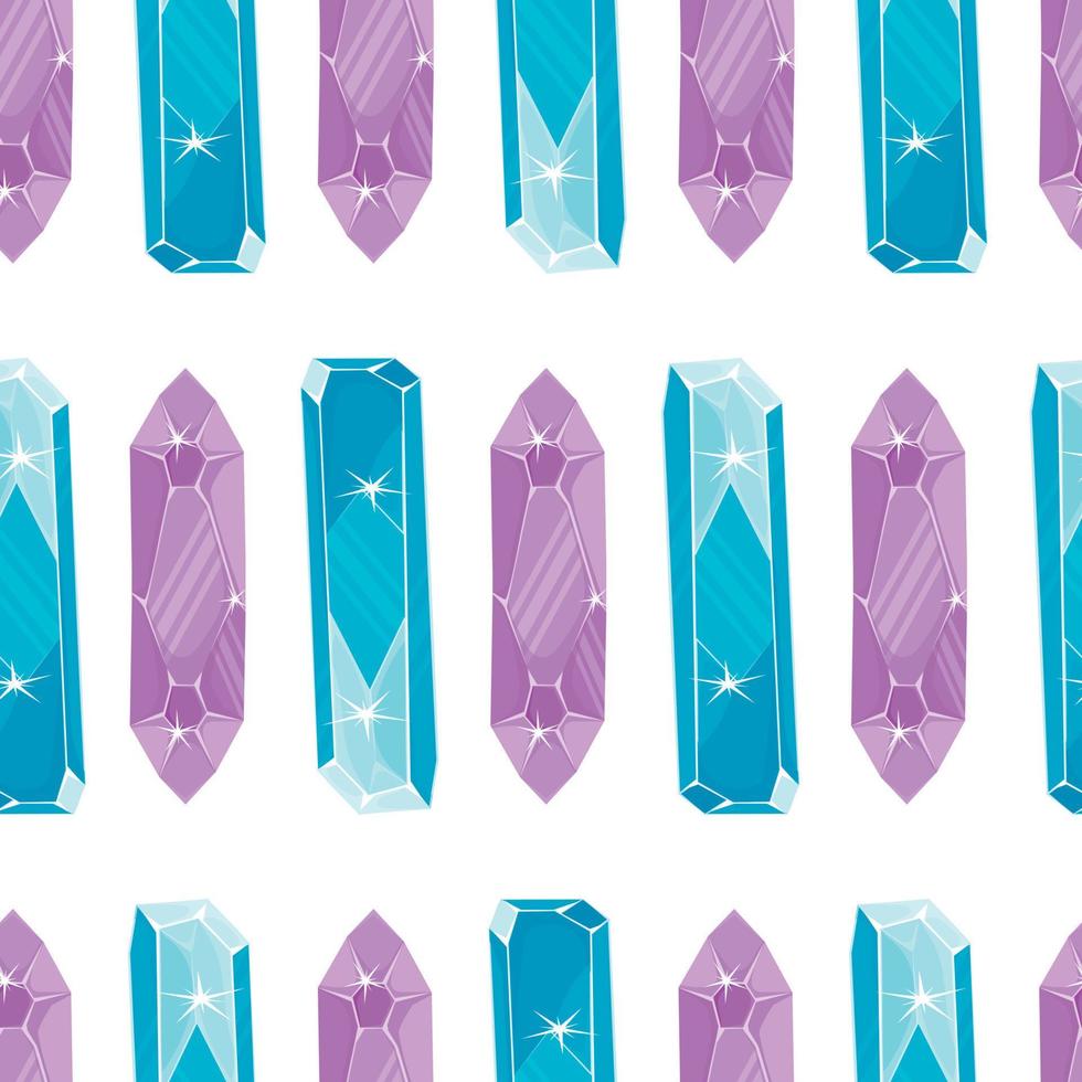 Nahtloses Muster mit violetten und blauen magischen Kristallen in einem einfachen minimalistischen flachen Stil auf weißem Hintergrund vektor