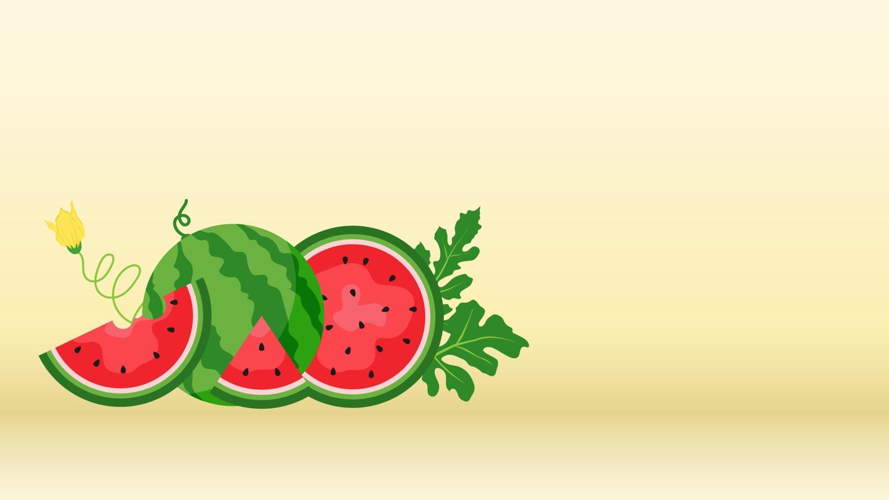 wassermelone und saftige scheibenfahne, flaches design von grünen blättern und wassermelonenblumenillustration, frisches und saftiges fruchtkonzept der sommernahrung. vektor