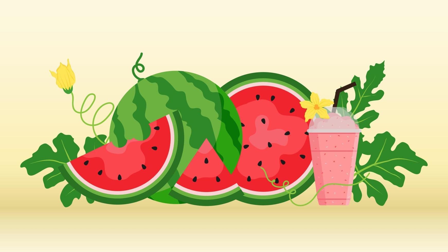 Wassermelone und saftiger Scheibenvektor, flaches Design von grünen Blättern und Blumen- und Wassermelonensaftillustration, Konzept der frischen und saftigen Frucht des Sommerlebensmittels. vektor