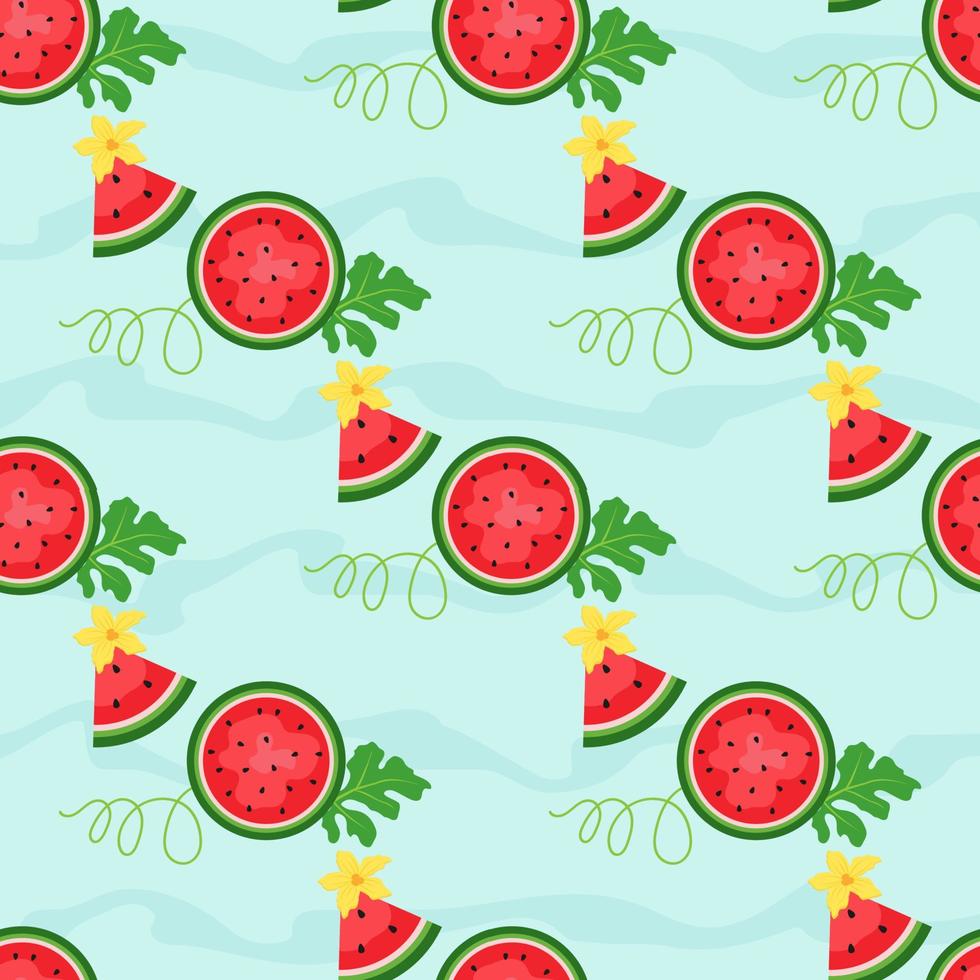 wassermelonenhintergrund und nahtloses muster, flaches design von grünen blättern und blumen- und wassermelonensaftillustration, frisches und saftiges fruchtkonzept der sommernahrung. vektor