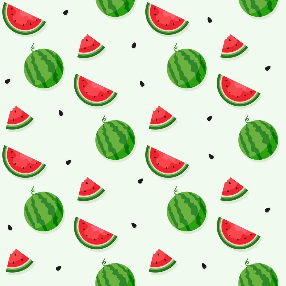 wassermelonenhintergrund und nahtloses muster, flaches design von grünen blättern und blumen- und wassermelonensaftillustration, frisches und saftiges fruchtkonzept der sommernahrung. vektor