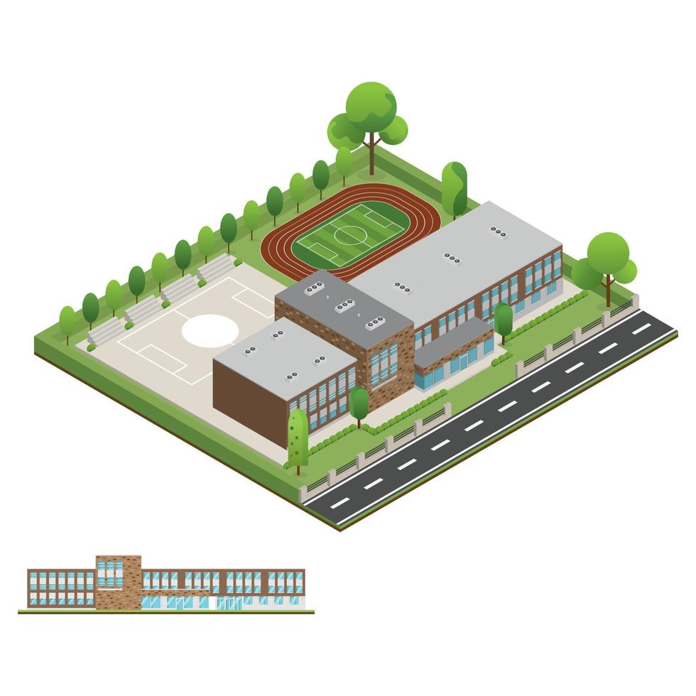 3d modern byggnad och skola med miljöträd, staket och vägar, isometrisk av universitet eller modern byggnad och arkitektur, platt kontor, skola och universitet illustration. vektor