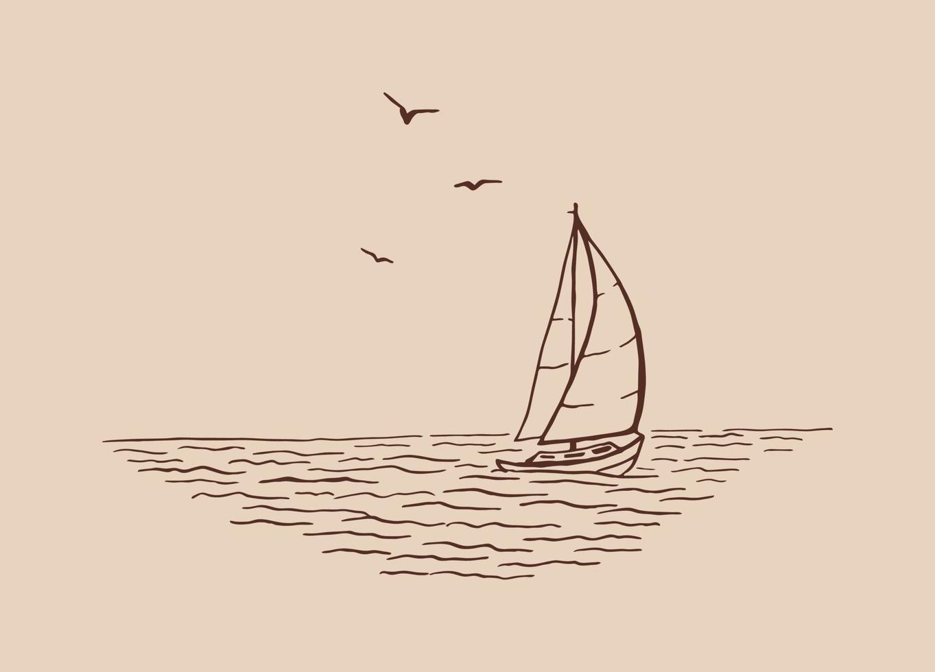 Meereslandschaft. Landschaft, Meer, Segelboot, Möwen. handgezeichnete illustration in vektor umgewandelt.