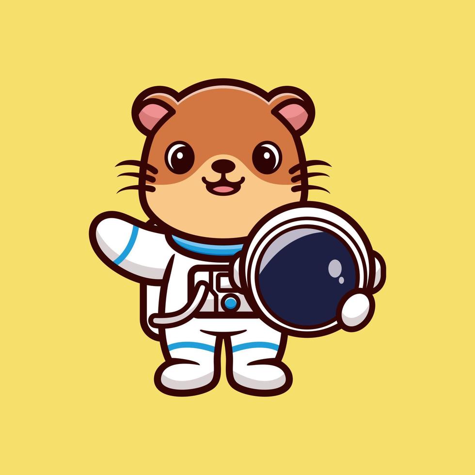 niedlicher astronautenotter, der helmkarikatur-vektorillustration hält vektor