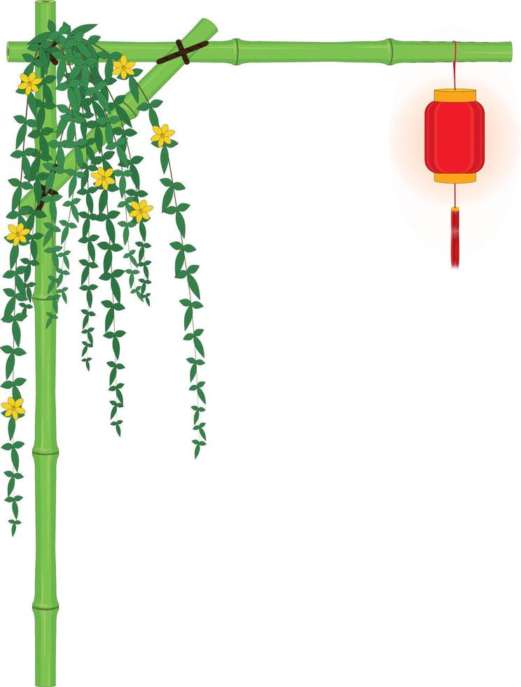vertikaler bambusbogenrahmen mit roter asiatischer laterne und jasminreben-vektorillustration vektor