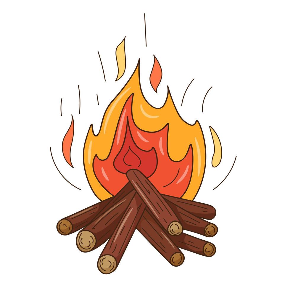 ein holzbefeuertes Lagerfeuer. Camping, Picknick, brennende Flamme. dekoratives element mit umriss. gekritzel, handgezeichnet. flaches Design. Farbvektorillustration. isoliert auf weißem Hintergrund. vektor