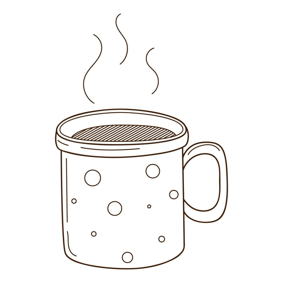 eine Tasse heißen Tee oder Kaffee, Kakao. ein heißes, belebendes Morgengetränk. Gestaltungselement mit Umriss. gekritzel, handgezeichnet. schwarz-weiße Vektorillustration. isoliert auf weißem Hintergrund vektor