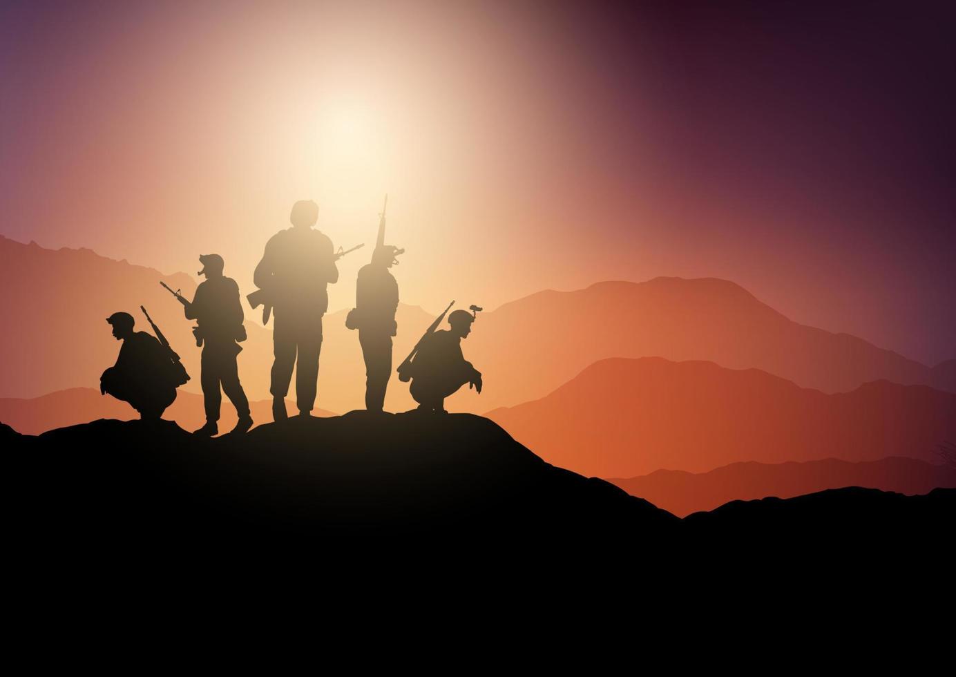 Silhouetten von Soldaten auf der Suche in der Sonnenuntergangslandschaft vektor