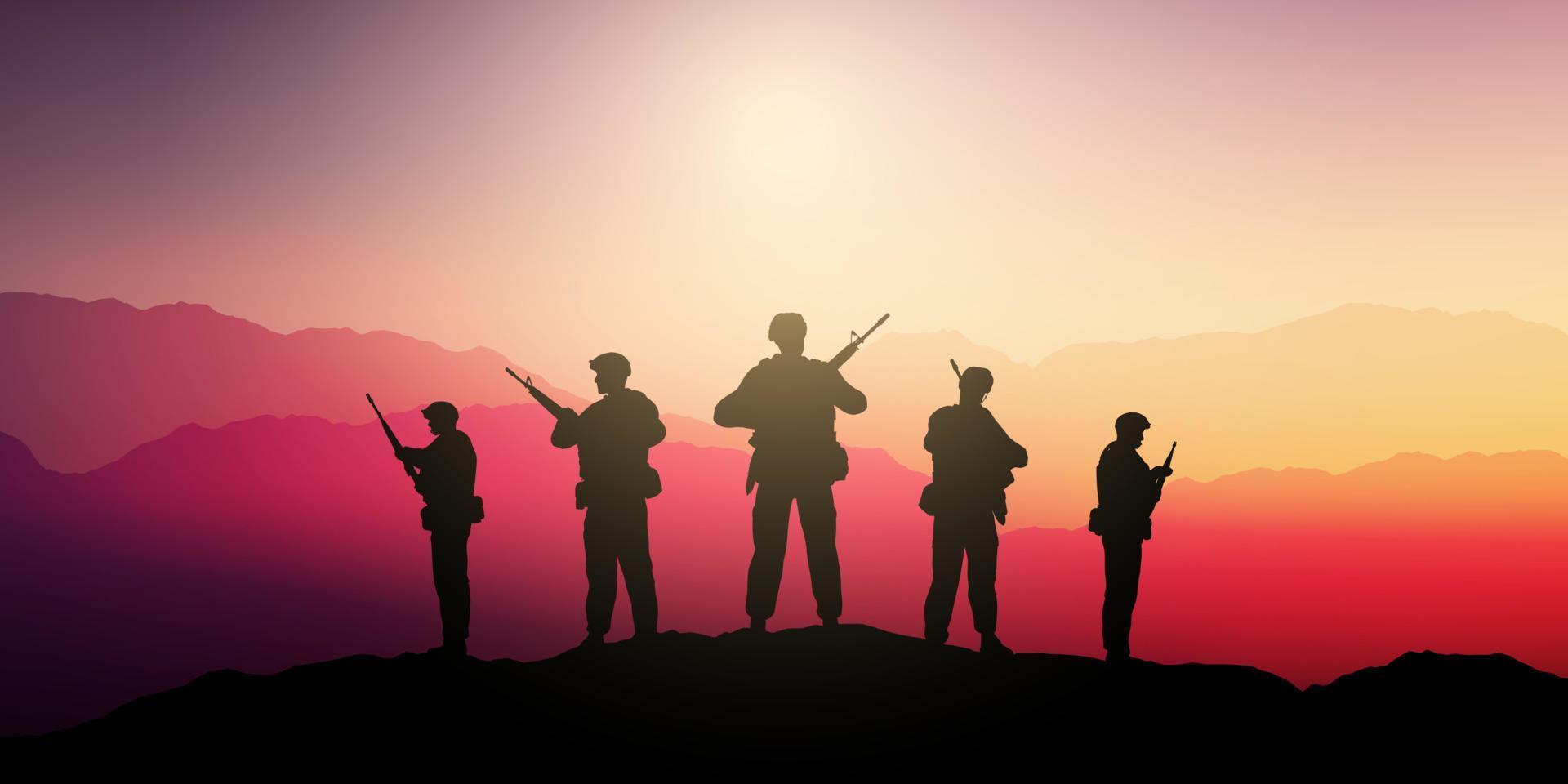 Silhouetten von Soldaten, die in einer Sonnenuntergangslandschaft Wache stehen vektor