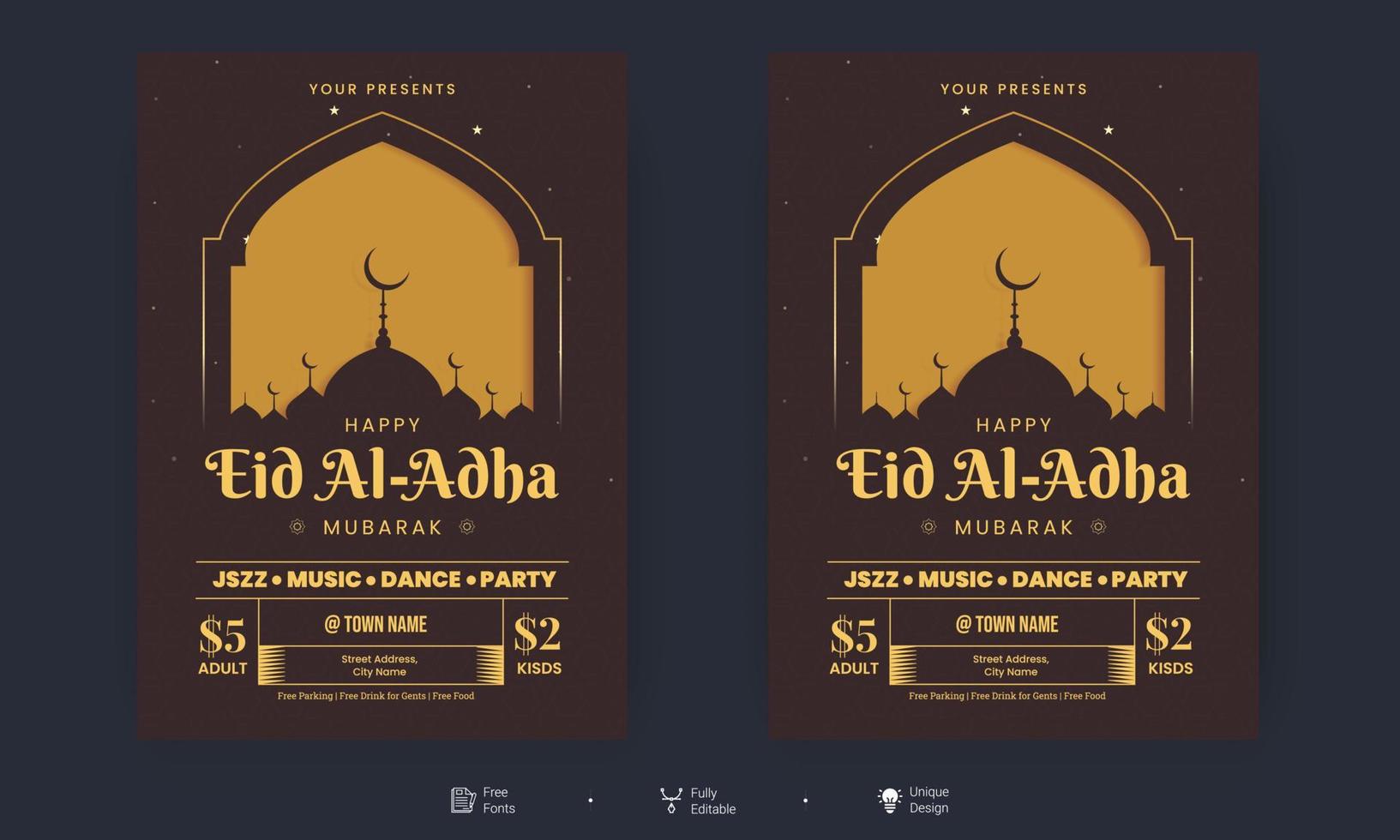 eid al adha flygblad. eid, ramadan kareem uppsättning affischer eller inbjudningar design. dekorativa retro gratulationskort eller inbjudan layout design vektor