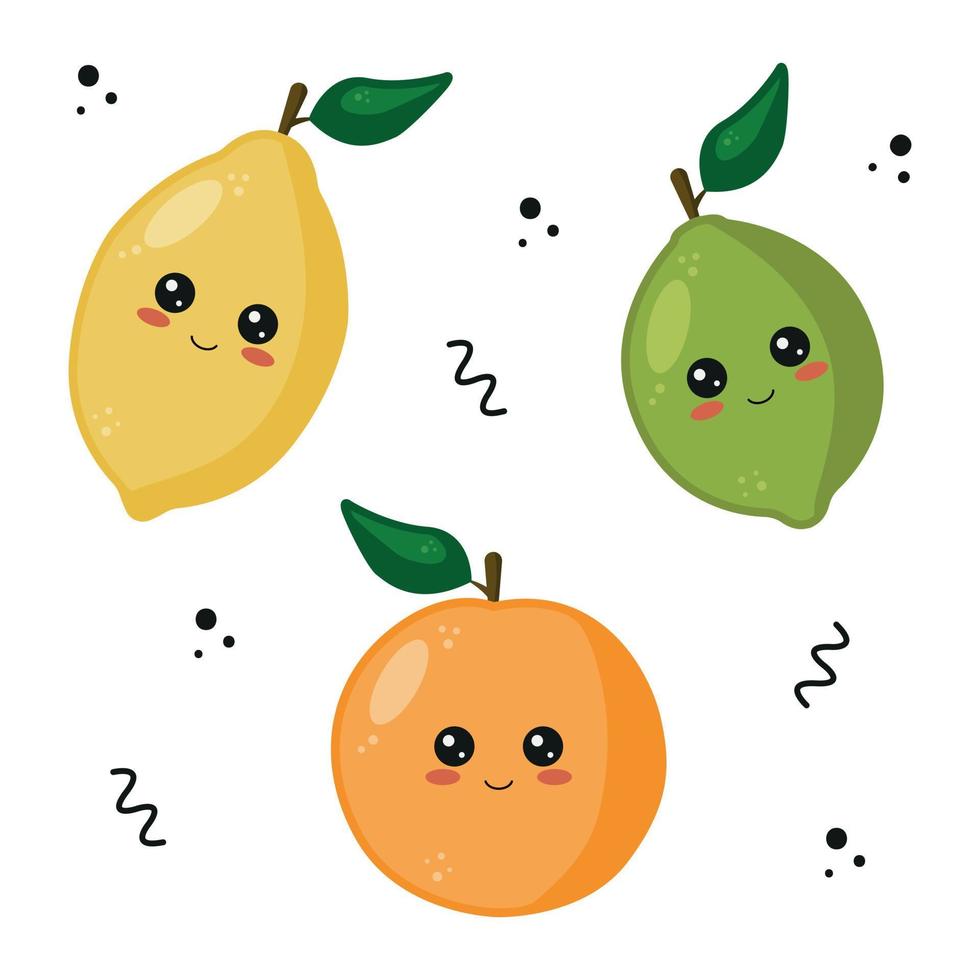 kawaii Zitrusfrüchte. süße Cartoon-Früchte mit lustigen Kawaii-Gesichtern. Zitrone, Orange und Limette. Vektor-Illustration im flachen Stil isoliert auf weißem Hintergrund. vektor