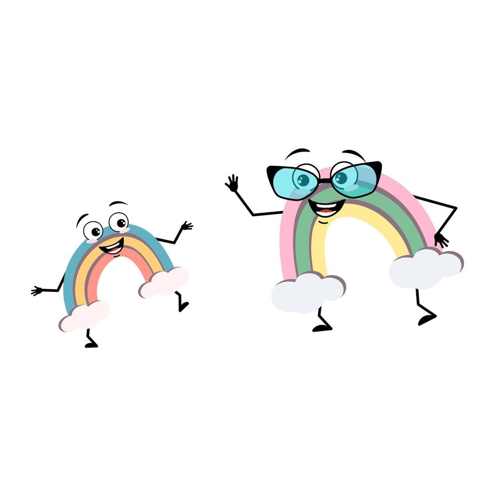söt regnbåge karaktär med glasögon och sonson dansande karaktär glad känsla, ansikte, leende ögon, armar och ben. person med roliga uttryck och pose. platt vektor illustration