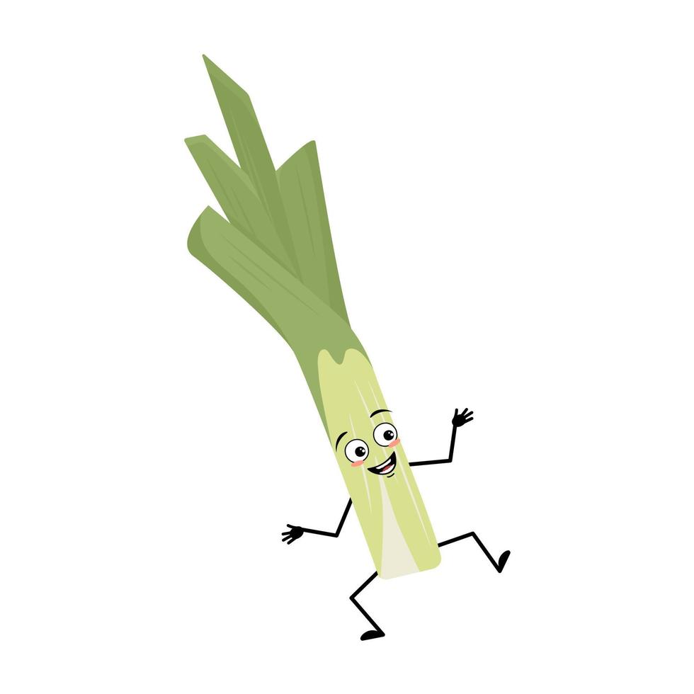 söt grön purjolök karaktär med glada känslor, glad ansikte, leende ögon, armar och ben. hälsosam grönsak med roliga uttryck och hållning, rik på vitaminer. platt vektor illustration