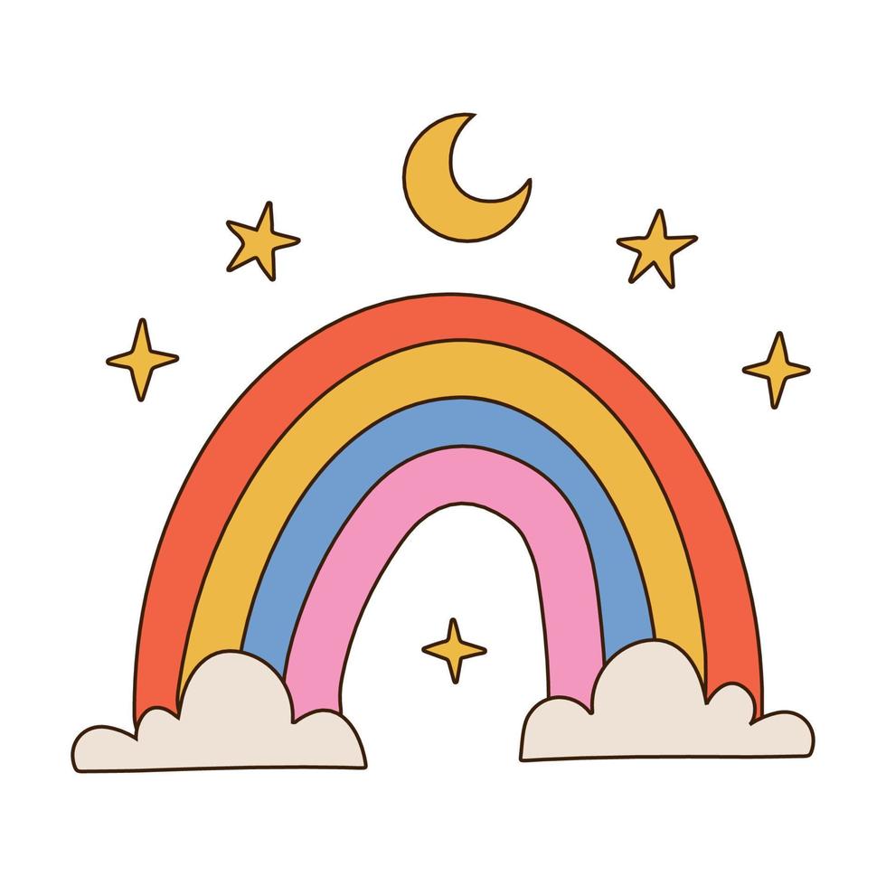 Regenbogen mit Wolken, Sternen und Mond. Vektor-Illustration. Cartoon-Doodle-Stil isoliert auf weißem Hintergrund. Perfekt für Kinder, Poster, Drucke, Karten, Stoffe, Kinderbücher. vektor