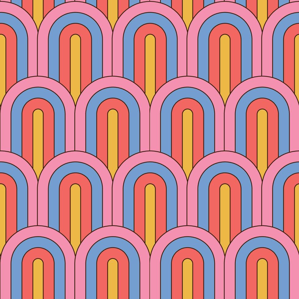 Retro Sommer 70er Jahre Regenbogenstreifen nahtloses Muster. retrowave 80er Kunst Retro-Hintergrund. Streifenbögen im fetzigen 70er-Jahre-Stil. abstrakte geometrische Vektorillustration.. vektor