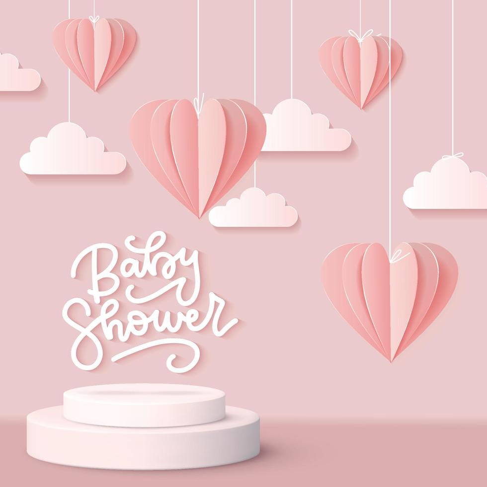 Babyparty-Grußkarte für kleines Mädchen am rosa Himmel mit 3D-Papier geschnittenen Herzen und Wolken. realistisches zylinderpodium mit kopierraum für babyfotos. Vektor süße Kulisse für Neugeborene