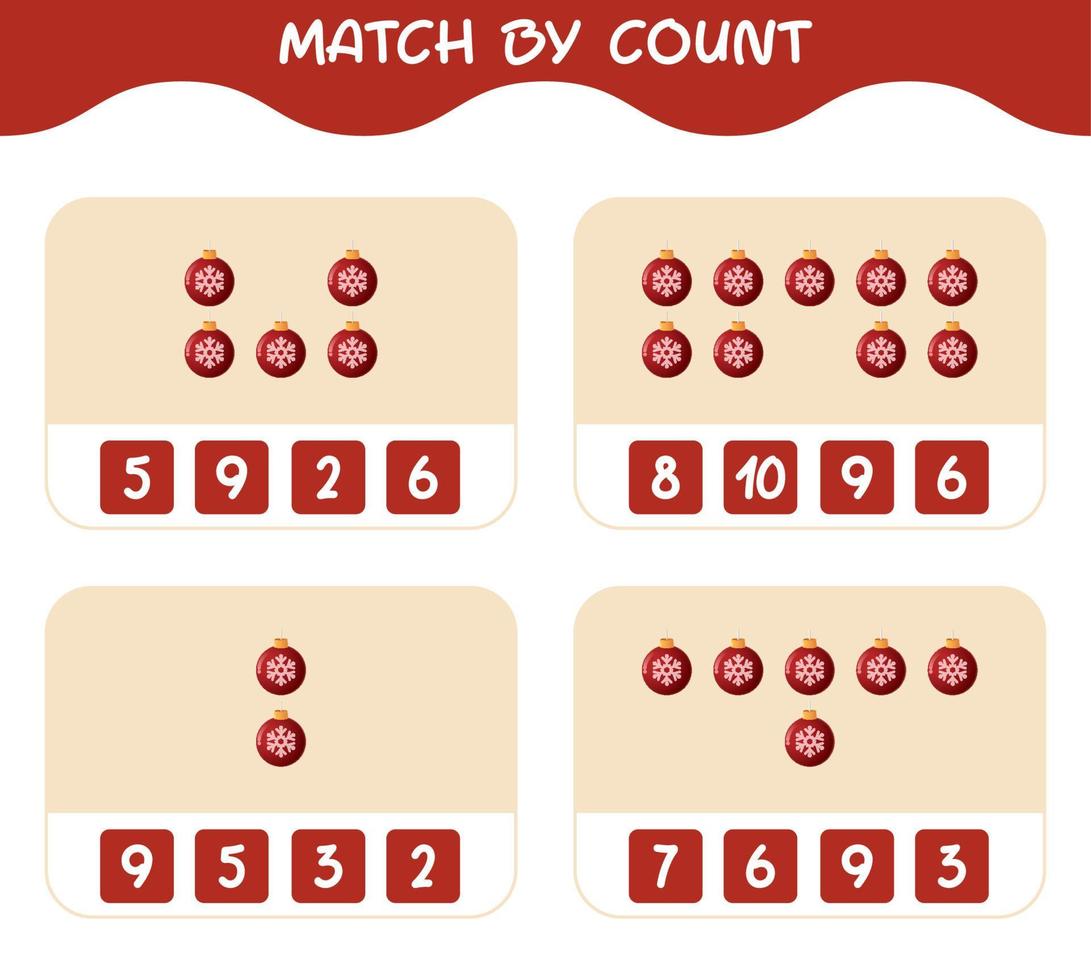 matcha efter antal av tecknad julprydnad. match och räkna spel. pedagogiskt spel för barn och småbarn i förskoleåldern vektor